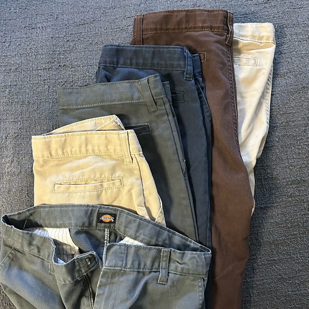 6 Dickies boys pants size 16, used, 6 pairs, 2 tan, 2 grey, 1 navy, 1 brown